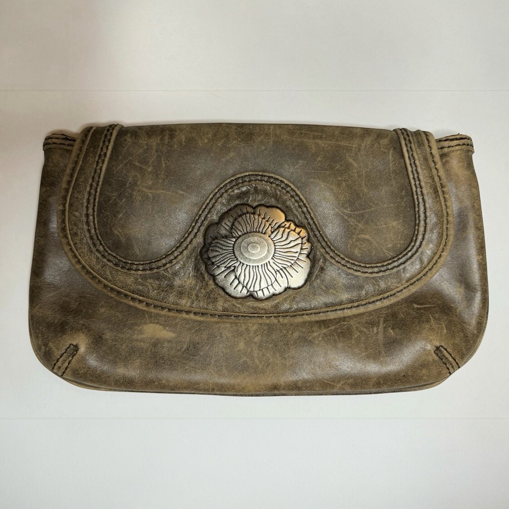 Mimo Brown Gray Leather Clutch‎ Metal Flower Bag Purse Boho Cottagecore Western